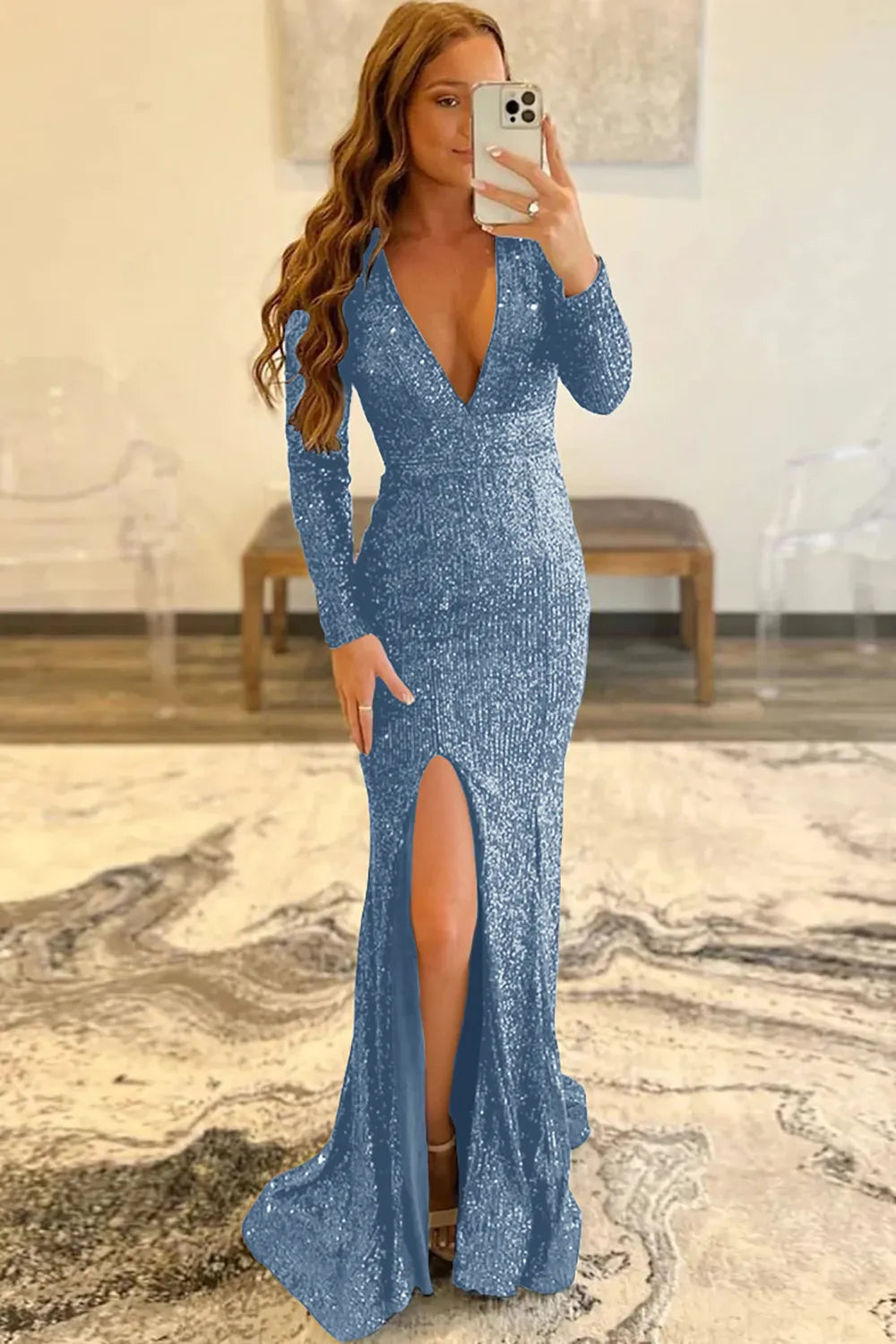 Wholesale Mermaid Glitter Dusty Blue Sequins Mesh Evening Dress Backless Prom Dress prom dresses shops
